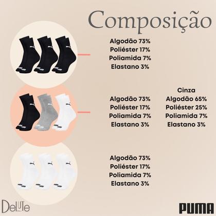 Imagem de Kit com 9 Pares de Meias Puma Modelo Cano Médio Lisa Básica Esportiva Calcanhar Verdadeiro Sport