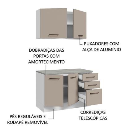 Imagem de Kit com Balcão e Armário Aéreo Multiuso 120cm Branco/Crema Agata Madesa