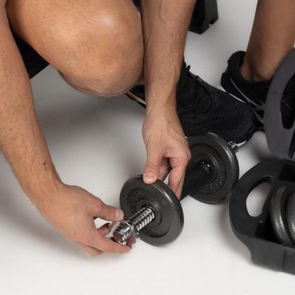 Imagem de Kit com barras 19 peças academia em casa exercicios profissional halteres e anilhas musculação