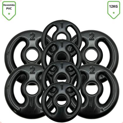 Imagem de Kit com Barras de Halteres e Anilhas Emborrachadas Preta - 12 Kg