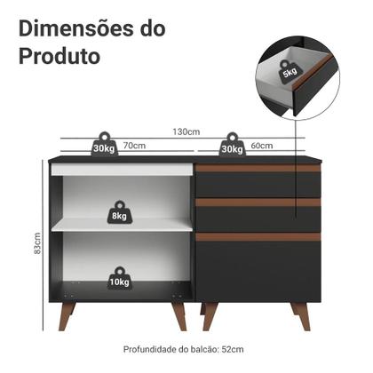 Imagem de Kit com Dois Balcões de Cozinha 2 Portas 3 Gavetas (com tampo) Preto Reims Madesa