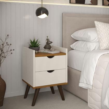 Imagem de Kit Com Duas Mesas De Cabeceira Retrô Quarto 2 Gavetas Com Corrediças Telescópicas Luma Off White Com Freijó GB Plus