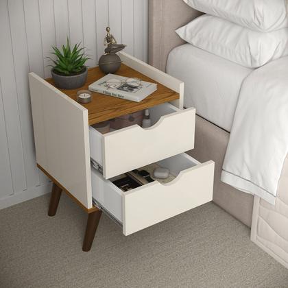 Imagem de Kit Com Duas Mesas De Cabeceira Retrô Quarto 2 Gavetas Com Corrediças Telescópicas Luma Off White Com Freijó GB Plus