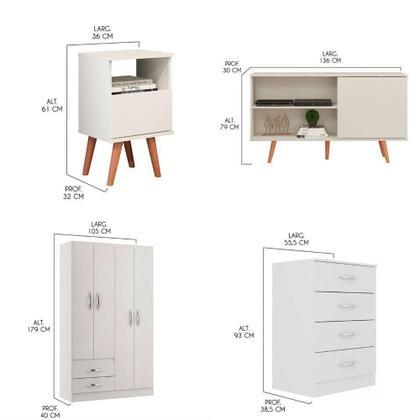 Imagem de Kit Com Guarda Roupa Cômoda Rack E Mesa Lateral Menu Móveis Branco