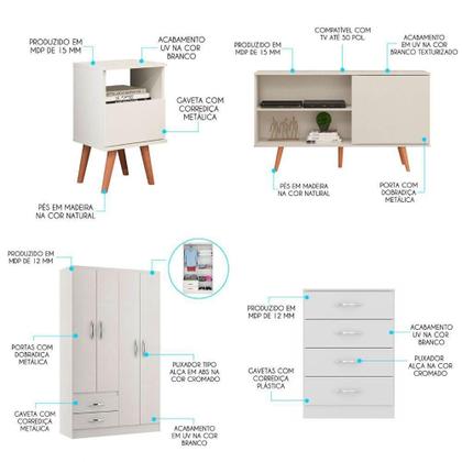 Imagem de Kit Com Guarda Roupa Cômoda Rack E Mesa Lateral Menu Móveis Branco
