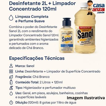 Imagem de Kit com sanol desinfetante chá branco 2l + sanol limpador concentrado de superfície chá branco 120ml