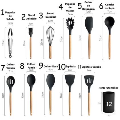 Imagem de Kit Combo Conjunto Jogo Utensílios Cozinha Silicone 12 Peças Espátula Pinça Fuê Batedor de Claras Pincel