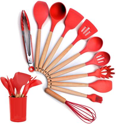 Imagem de Kit Combo Conjunto Jogo Utensílios Cozinha Silicone 12 Peças Espátula Pinça Fuê Batedor de Claras Pincel