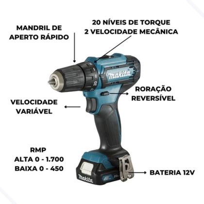 Imagem de Kit Combo Furadeira Parafusadeira 10mm Bateria 12v com Jogo Bits Profissional Bivolt Makita