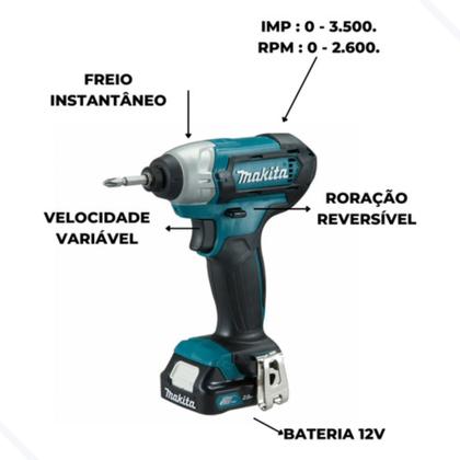 Imagem de Kit Combo Furadeira Parafusadeira 10mm Bateria 12v com Jogo Bits Profissional Bivolt Makita