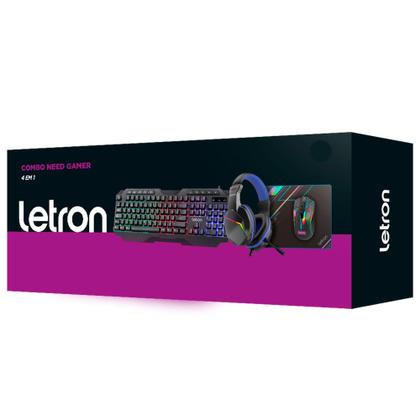 Imagem de Kit Combo Teclado Headset Mouse Mouse Pad Gamer 4 Em 1 Led RGB Preto Letron - Leonora