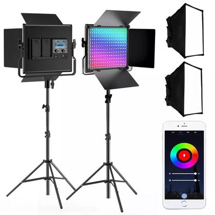 Imagem de Kit Completo 2 Iluminador Led Bicolor Rgb 60w Greika Com Baterias Softbox L5500rp