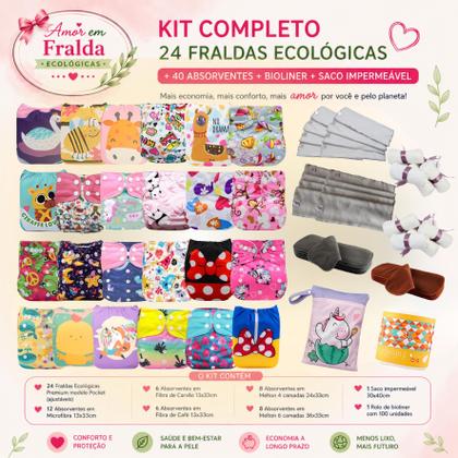 Imagem de Kit Completo 24 Fraldas Ecológicas Premium  40 Absorventes Alta Absorção  Fralda Ajustável 3 a 15kg  Liner e Saco Impermeável