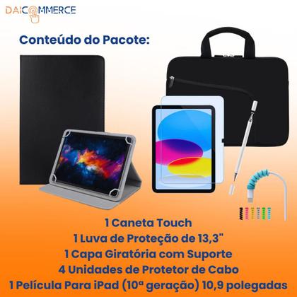 Imagem de Kit Completo Capa Giratória com Suporte Para iPad 10ª Geração + Película + Caneta Touch + Luva + Protetor de Cabo