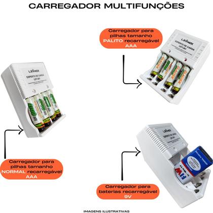 Imagem de Kit Completo Carregador Inteligente+4 Pilhas Recarregáveis AAA Palito