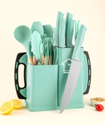 Imagem de Kit Completo de Jogo Utensílios de Silicone Cozinha 19 Peças Com Tábua