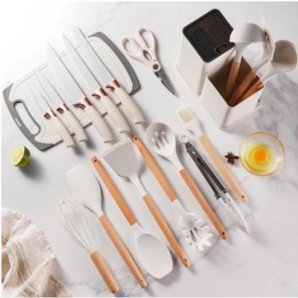 Imagem de Kit Completo Jogo Utensílios de Cozinha Luxo 19 Peças Com Tábua em Silicone Espátula Faca Tesoura