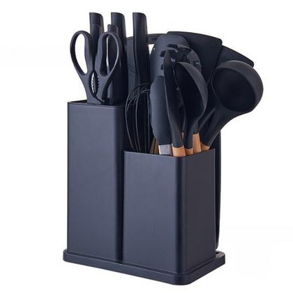 Imagem de Kit Completo Jogo Utensílios de Cozinha Luxo 19 Peças Com Tábua em Silicone Espátula Faca Tesoura