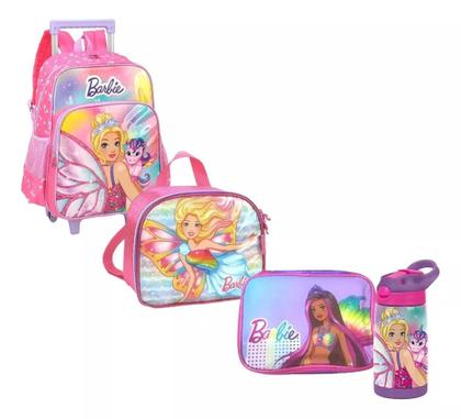 Imagem de Kit Completo Mochila Escolar Barbie Fada Princesas Rodinhas