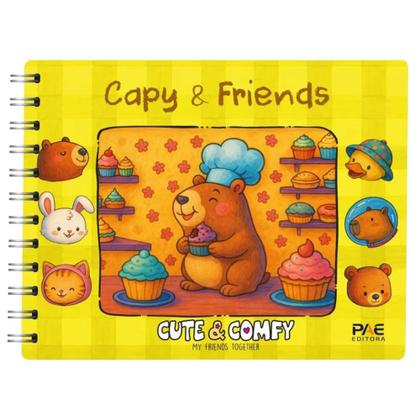 Imagem de Kit Completo Para Colorir Livro Estilo Bobbie Goods Capivaras Capa Dura Amarelo Espiral Acetato 150G + 24 Canetas Touch