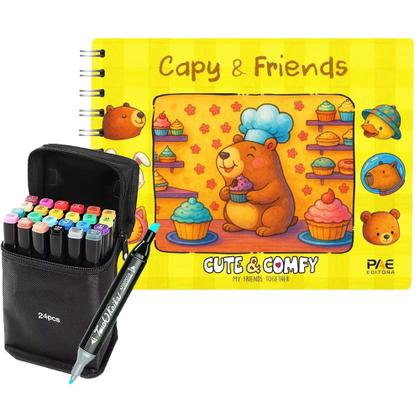 Imagem de Kit Completo Para Colorir Livro Estilo Bobbie Goods Capivaras Capa Dura Amarelo Espiral Acetato 150G + 24 Canetas Touch