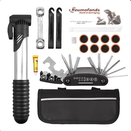 Imagem de Kit completo para manutenção de bicicleta com chaves e espátulas.