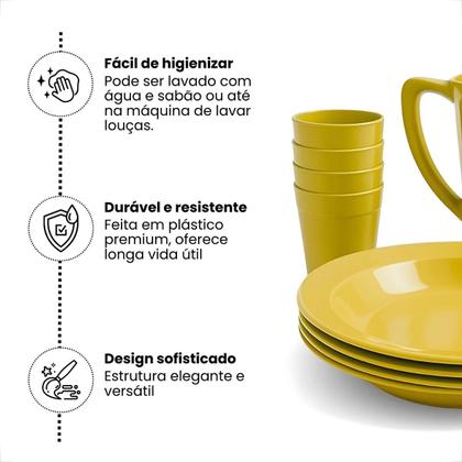Imagem de Kit Completo Para Refeição Com 1 Jarra Plástica 4 Pratos Fundos e 4 Copos 200ml