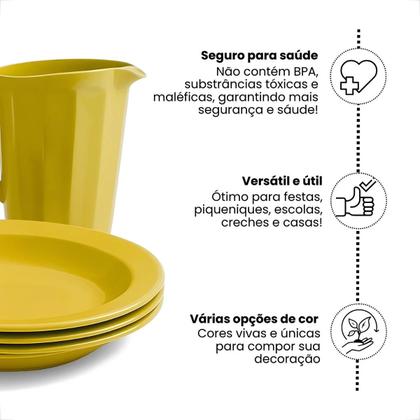 Imagem de Kit Completo Para Refeição Com 1 Jarra Plástica 4 Pratos Fundos e 4 Copos 200ml