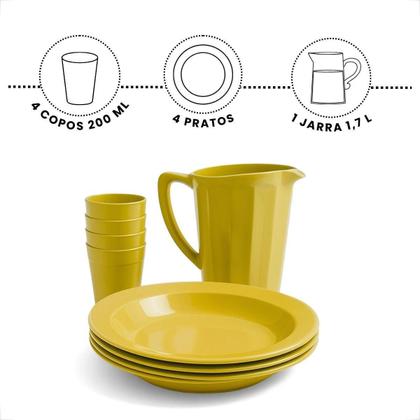 Imagem de Kit Completo Para Refeição Com 1 Jarra Plástica 4 Pratos Fundos e 4 Copos 200ml