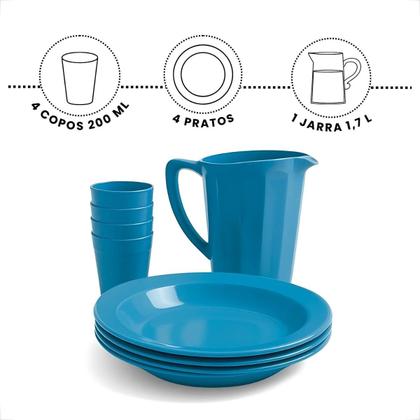 Imagem de Kit Completo Para Refeição Com 1 Jarra Plástica 4 Pratos Fundos e 4 Copos 200ml