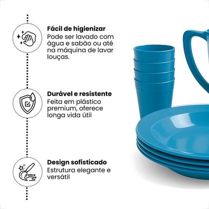 Imagem de Kit Completo Para Refeição Com 1 Jarra Plástica 4 Pratos Fundos e 4 Copos 200ml
