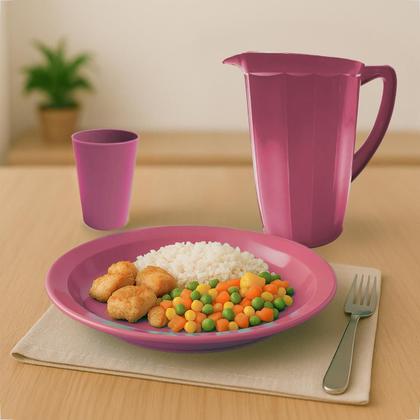 Imagem de Kit Completo Para Refeição Com 1 Jarra Plástica 4 Pratos Fundos e 4 Copos 200ml