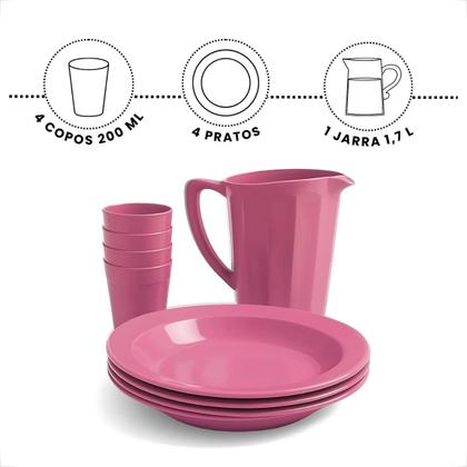 Imagem de Kit Completo Para Refeição Com 1 Jarra Plástica 4 Pratos Fundos e 4 Copos 200ml