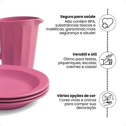 Imagem de Kit Completo Para Refeição Com 1 Jarra Plástica 4 Pratos Fundos e 4 Copos 200ml
