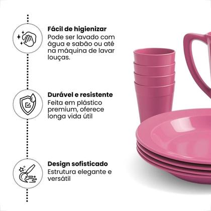 Imagem de Kit Completo Para Refeição Com 1 Jarra Plástica 4 Pratos Fundos e 4 Copos 200ml
