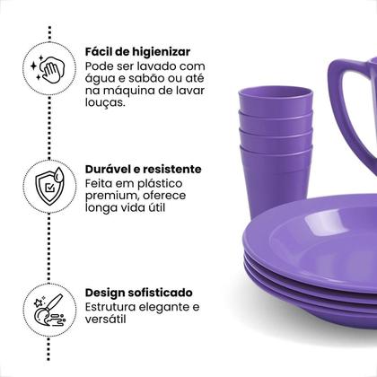 Imagem de Kit Completo Para Refeição Com 1 Jarra Plástica 4 Pratos Fundos e 4 Copos 200ml