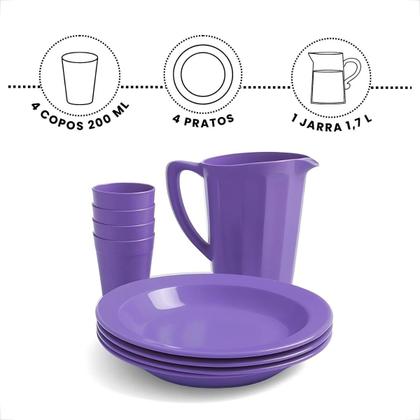 Imagem de Kit Completo Para Refeição Com 1 Jarra Plástica 4 Pratos Fundos e 4 Copos 200ml