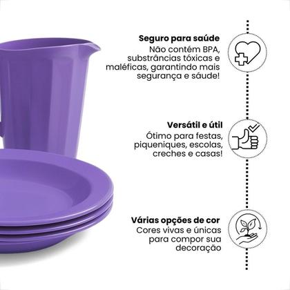 Imagem de Kit Completo Para Refeição Com 1 Jarra Plástica 4 Pratos Fundos e 4 Copos 200ml