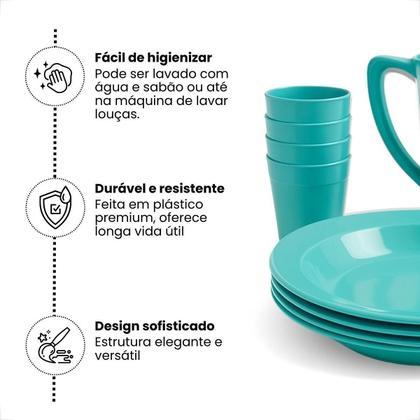 Imagem de Kit Completo Para Refeição Com 1 Jarra Plástica 4 Pratos Fundos e 4 Copos 200ml