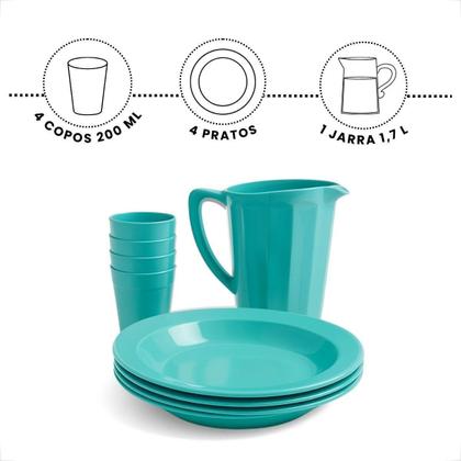 Imagem de Kit Completo Para Refeição Com 1 Jarra Plástica 4 Pratos Fundos e 4 Copos 200ml