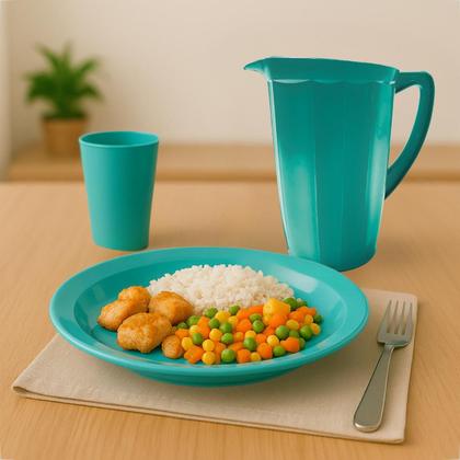 Imagem de Kit Completo Para Refeição Com 1 Jarra Plástica 4 Pratos Fundos e 4 Copos 200ml