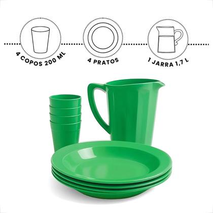 Imagem de Kit Completo Para Refeição Com 1 Jarra Plástica 4 Pratos Fundos e 4 Copos 200ml