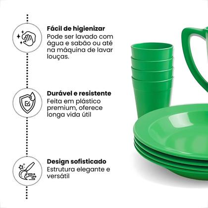 Imagem de Kit Completo Para Refeição Com 1 Jarra Plástica 4 Pratos Fundos e 4 Copos 200ml