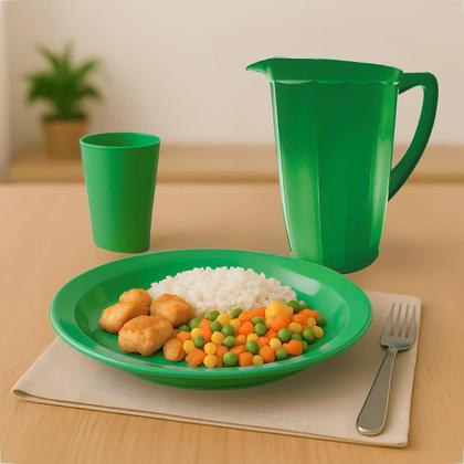 Imagem de Kit Completo Para Refeição Com 1 Jarra Plástica 4 Pratos Fundos e 4 Copos 200ml