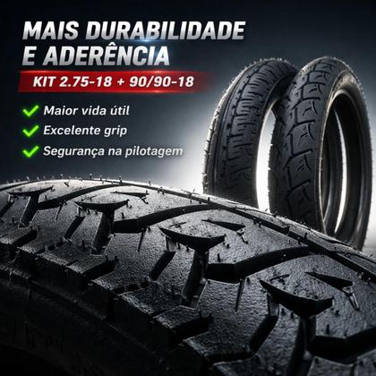 Imagem de  kit completo pneus moto 2 75 18 dianteiro 90 90 18 traseiro cg titan fan start ybr factor qualidade aderência e custo benefício 