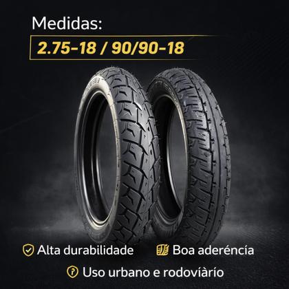 Imagem de  KIT COMPLETO PNEUS MOTO 90 9018 DIANTEIRO 2.75 18 TRASEIRO  ALTA DURABILIDADE E PERFORMANCE  COMPATÍVEL COM Honda CG 125, Honda CG 150.