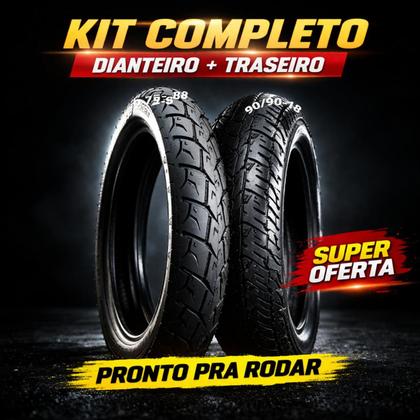 Imagem de  KIT COMPLETO PNEUS MOTO 90 9018 DIANTEIRO 2.75 18 TRASEIRO  ALTA DURABILIDADE E PERFORMANCE  COMPATÍVEL COM Honda CG 125, Honda CG 150.