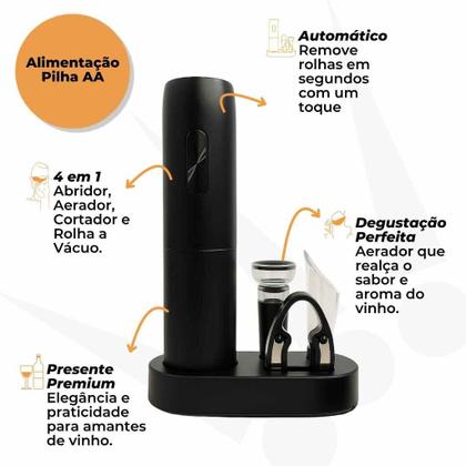 Imagem de Kit Completo Saca Rolha 4 em 1 com Abridor Elétrico a Pilha Aerador e Rolha a Vácuo Presente Natal