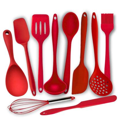 Imagem de Kit Completo Silicone 10 pçs Espátula Colher Concha Escumadeira Cozinhar sem Riscar Panelas