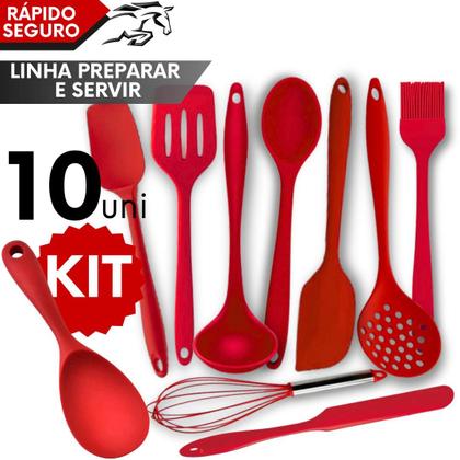 Imagem de Kit Completo Silicone 10 pçs Espátula Colher Concha Escumadeira Cozinhar sem Riscar Panelas